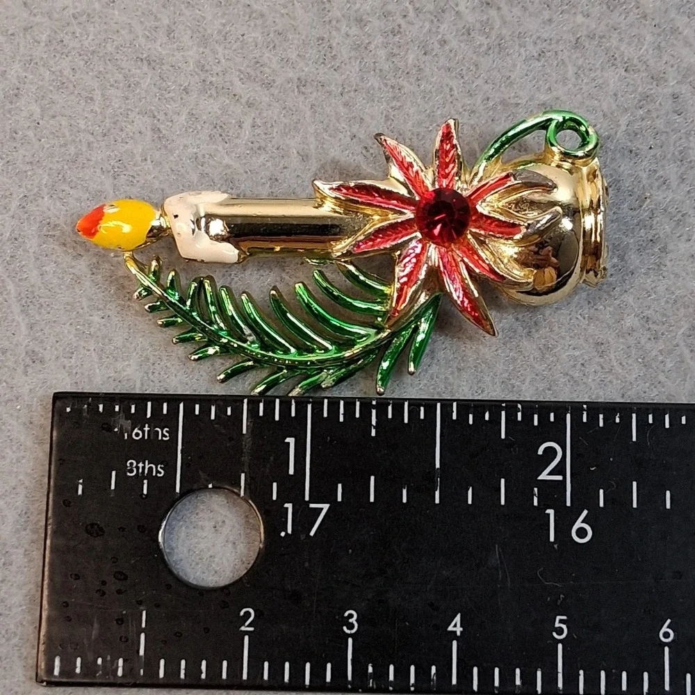 Vintage Christmas Candle Poinsettia Brooch Gold Tone Enamel Rhinestone Pin